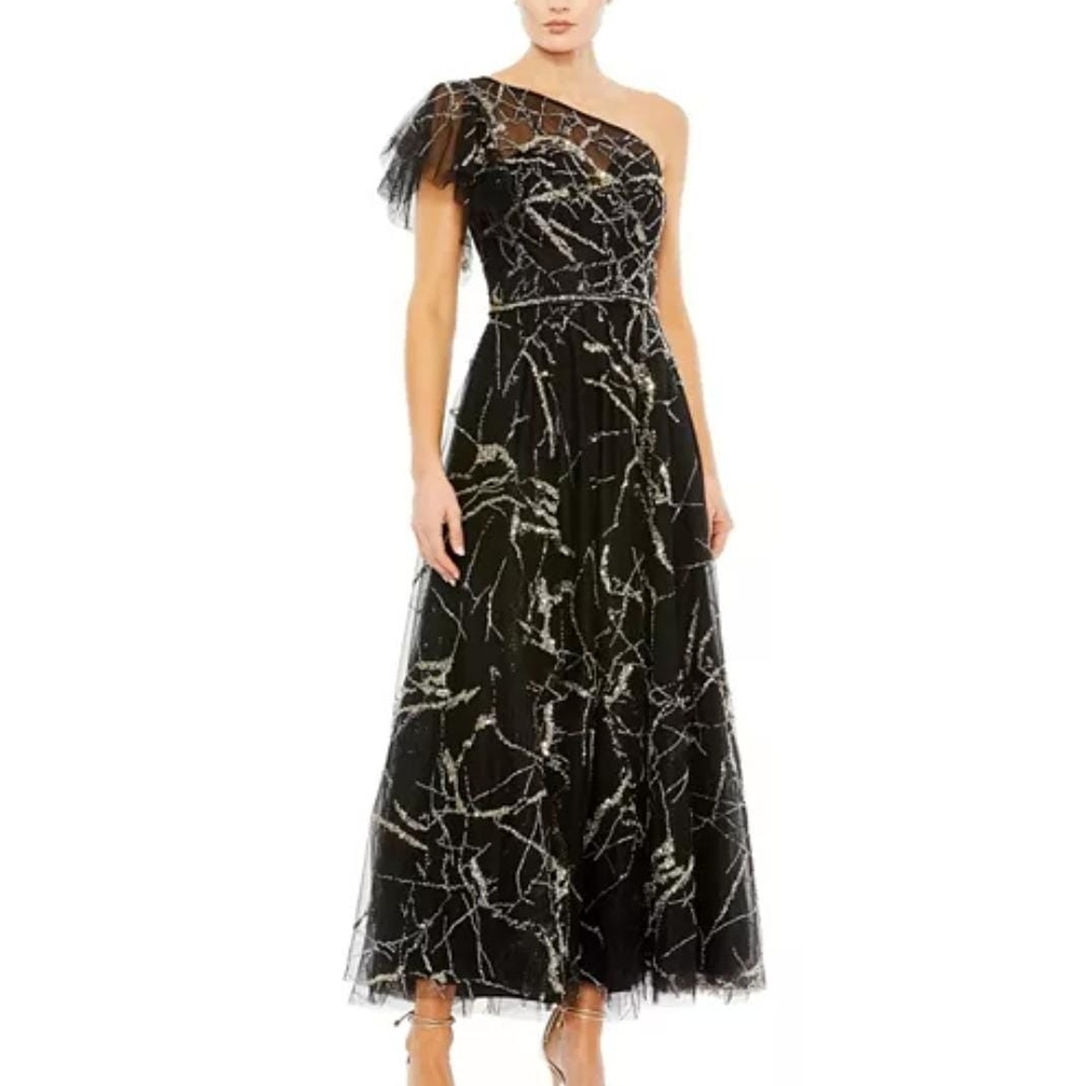 Mac Duggal Black One-Shoulder Sleeveless Midi Gown
